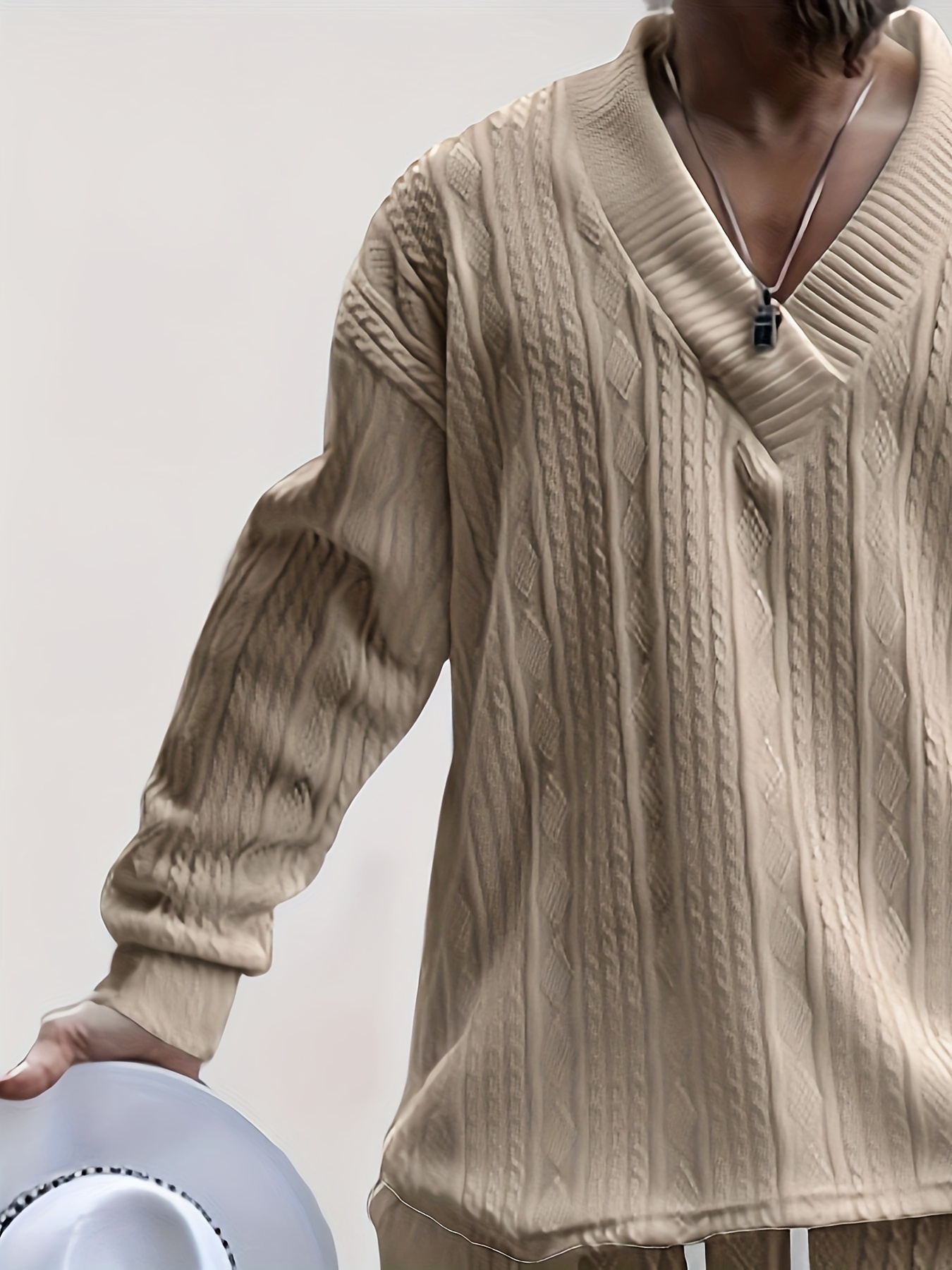 cotton blend loose all match knitted cable sweater mens casual warm slightly stretch v neck pullover sweater for men fall winter details 2