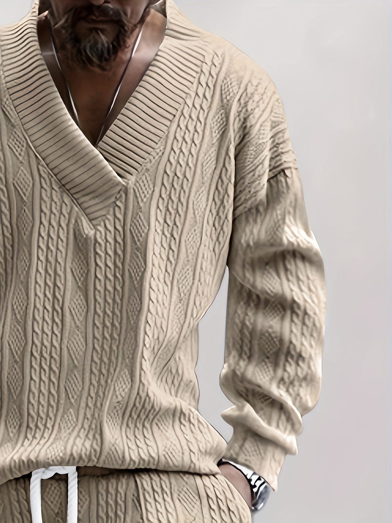 cotton blend loose all match knitted cable sweater mens casual warm slightly stretch v neck pullover sweater for men fall winter details 3