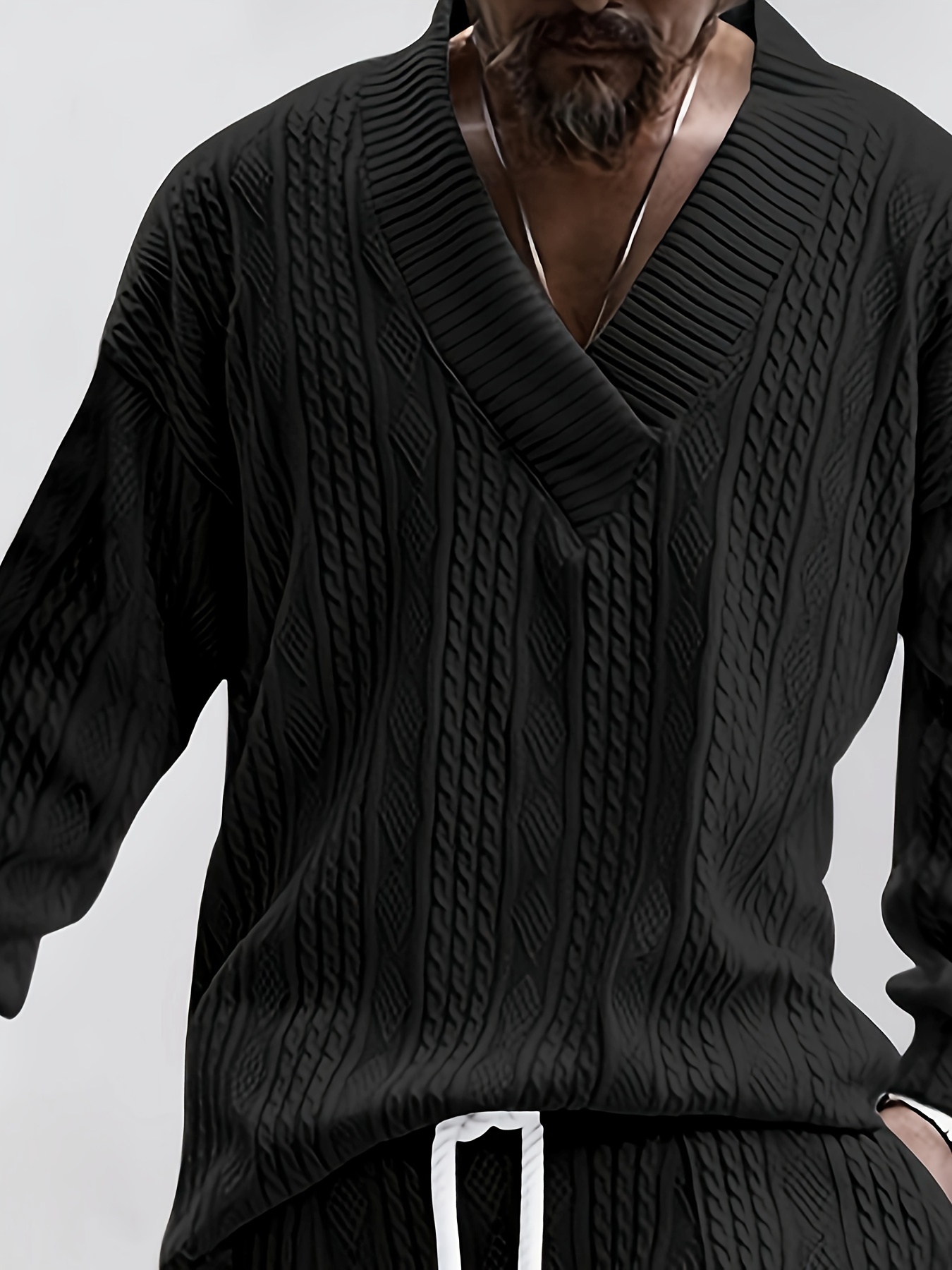 cotton blend loose all match knitted cable sweater mens casual warm slightly stretch v neck pullover sweater for men fall winter details 9