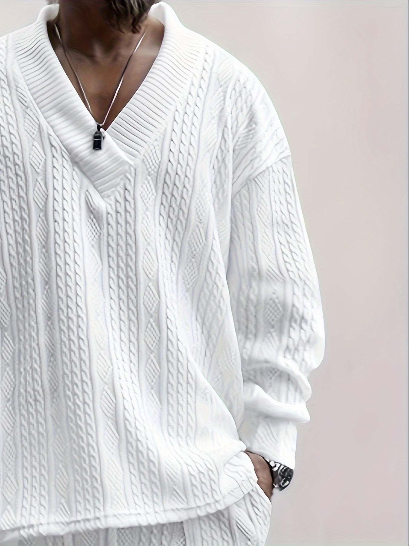 cotton blend loose all match knitted cable sweater mens casual warm slightly stretch v neck pullover sweater for men fall winter details 17