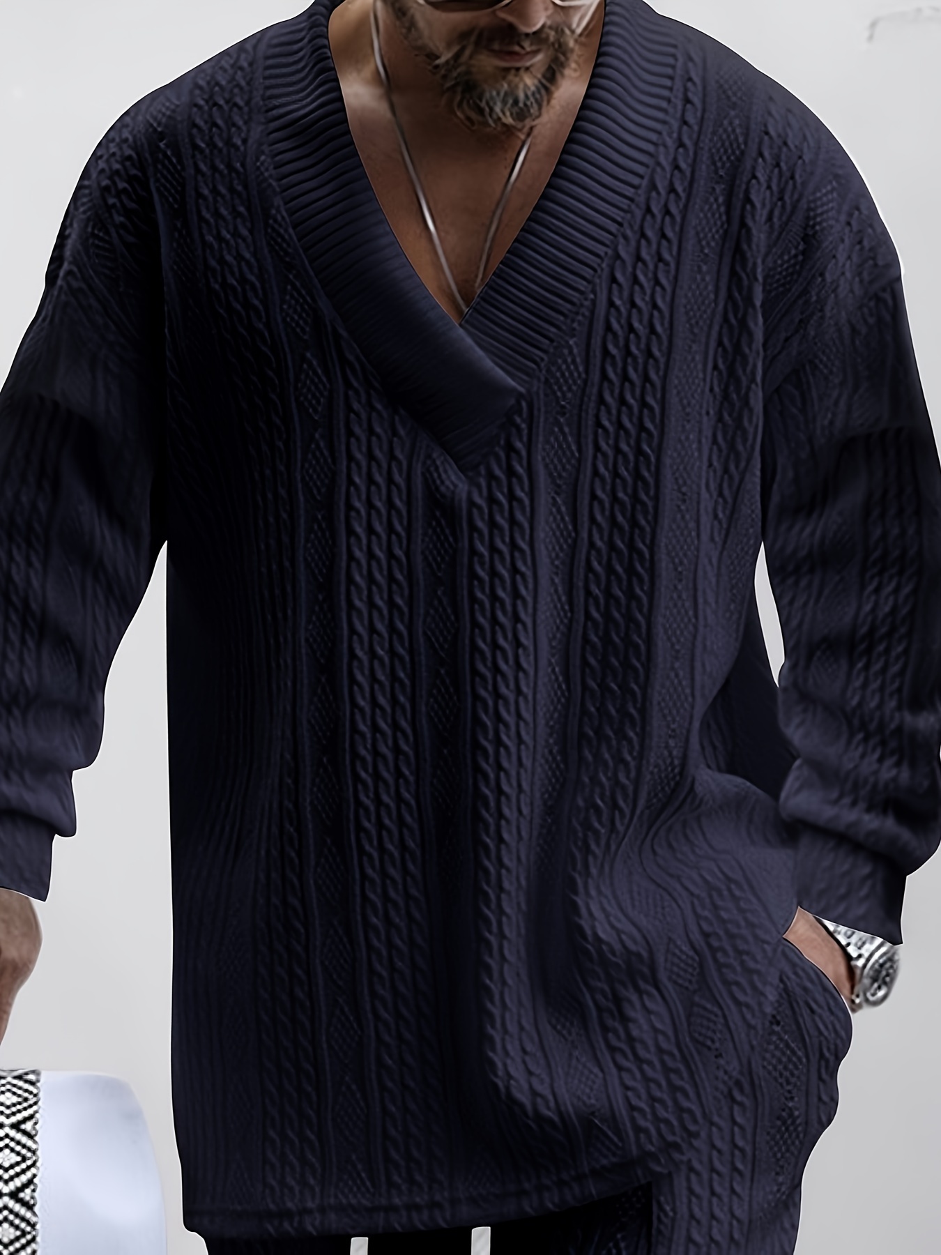 cotton blend loose all match knitted cable sweater mens casual warm slightly stretch v neck pullover sweater for men fall winter details 22