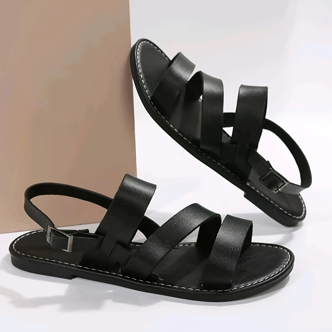 womens roman flat sandals solid color open round toe ankle strap shoes casual beach sandals details 0