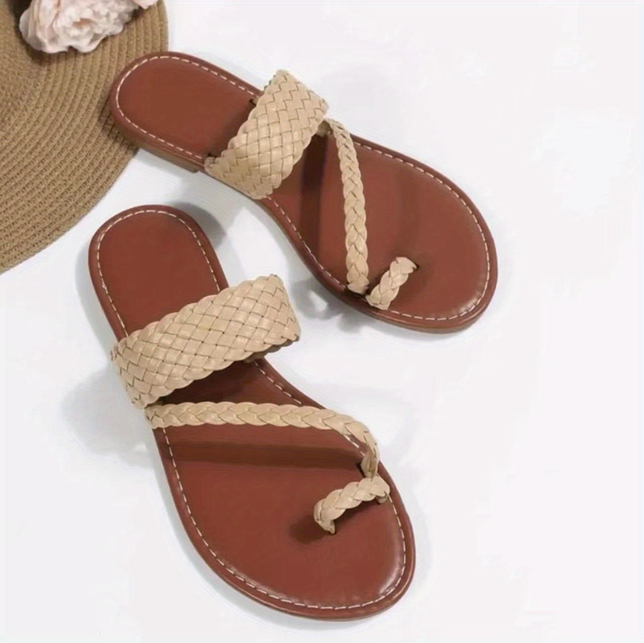 womens flat slide sandals toe loop open toe braided band shoes outdoor non slip slides details 4