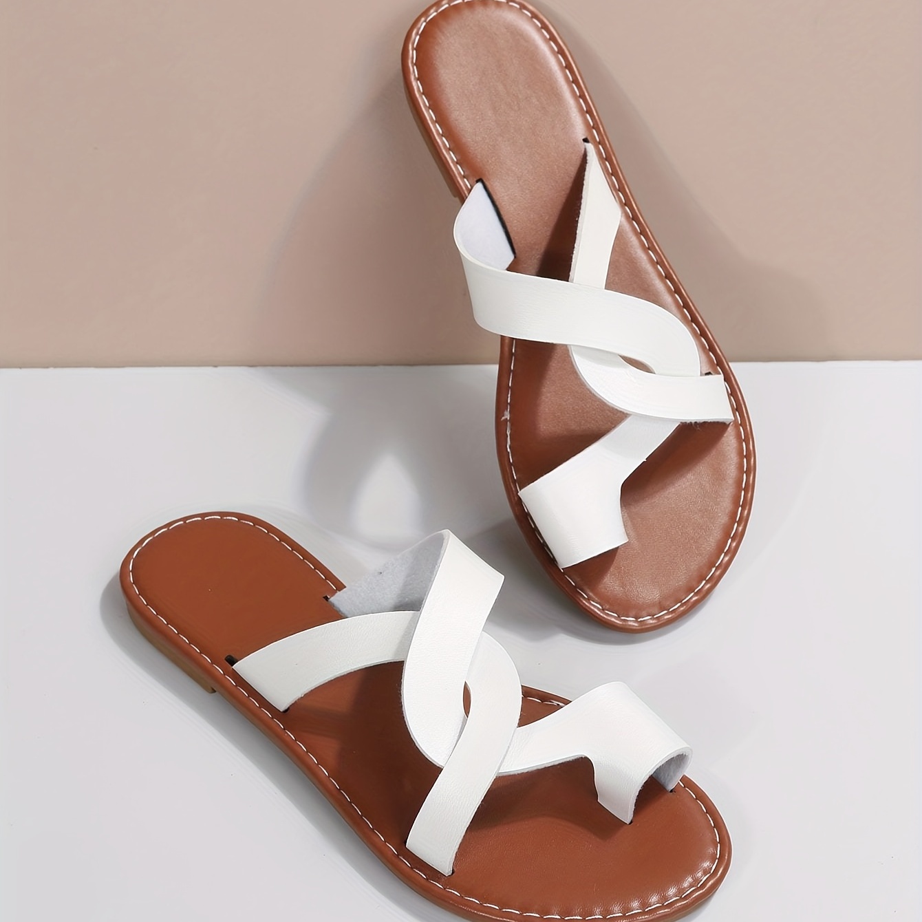 womens toe loop flat slides solid color cross strap faux leather shoes casual summer beach slides details 3