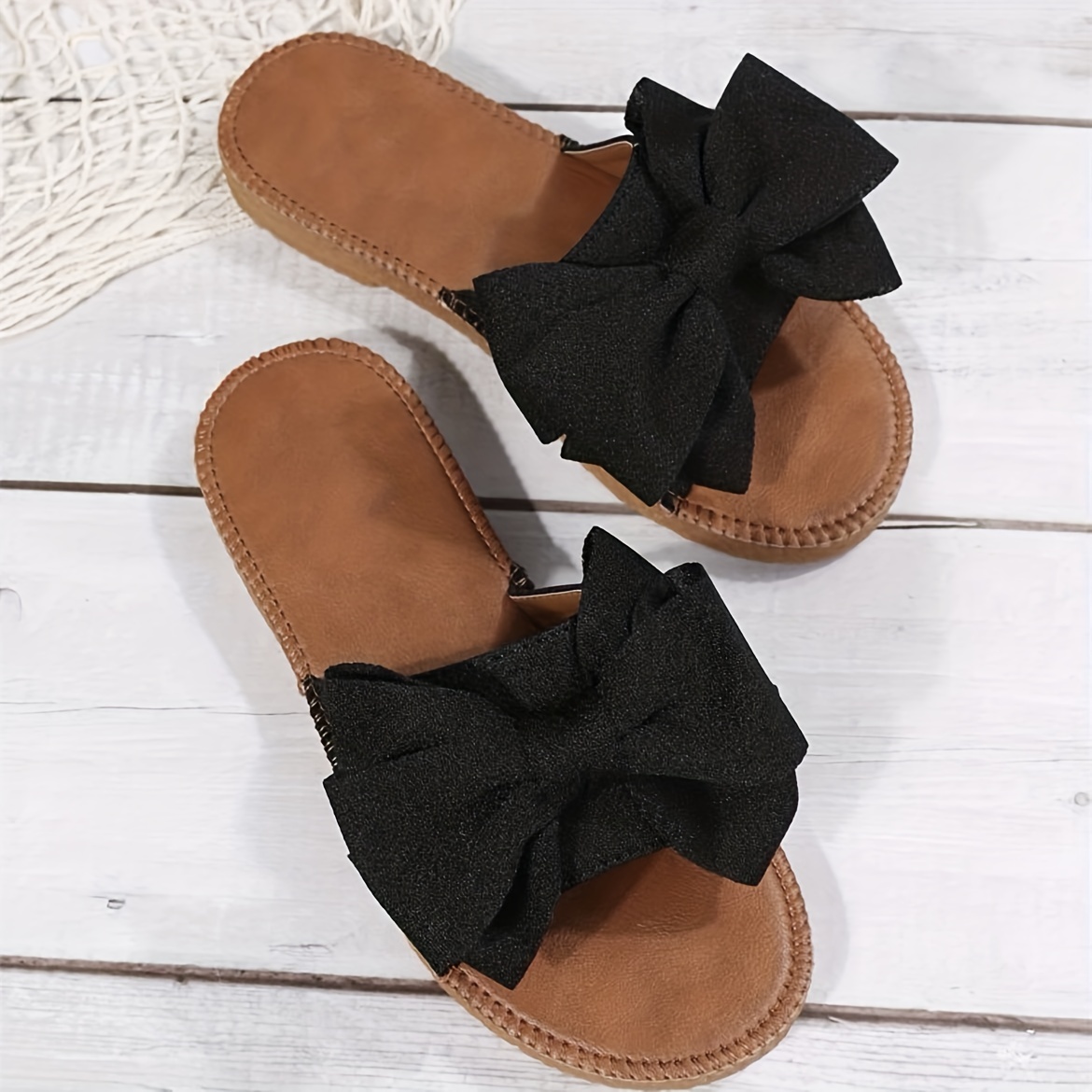 womens bow flat slide sandals fashion open round toe slip on shoes casual outdoor slides details 1