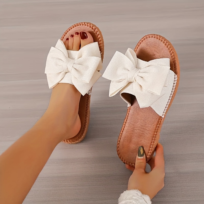 womens bow flat slide sandals fashion open round toe slip on shoes casual outdoor slides details 3