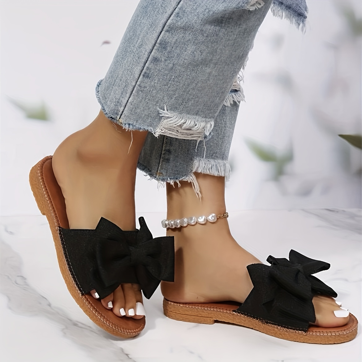 womens bow flat slide sandals fashion open round toe slip on shoes casual outdoor slides details 6