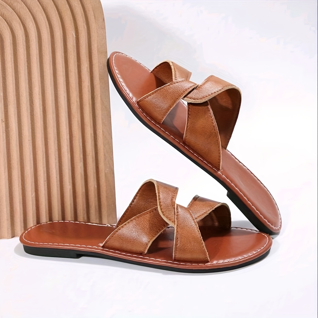 womens cross band flat slides lightweight open toe faux leather shoes casual summer beach slide sandals details 2