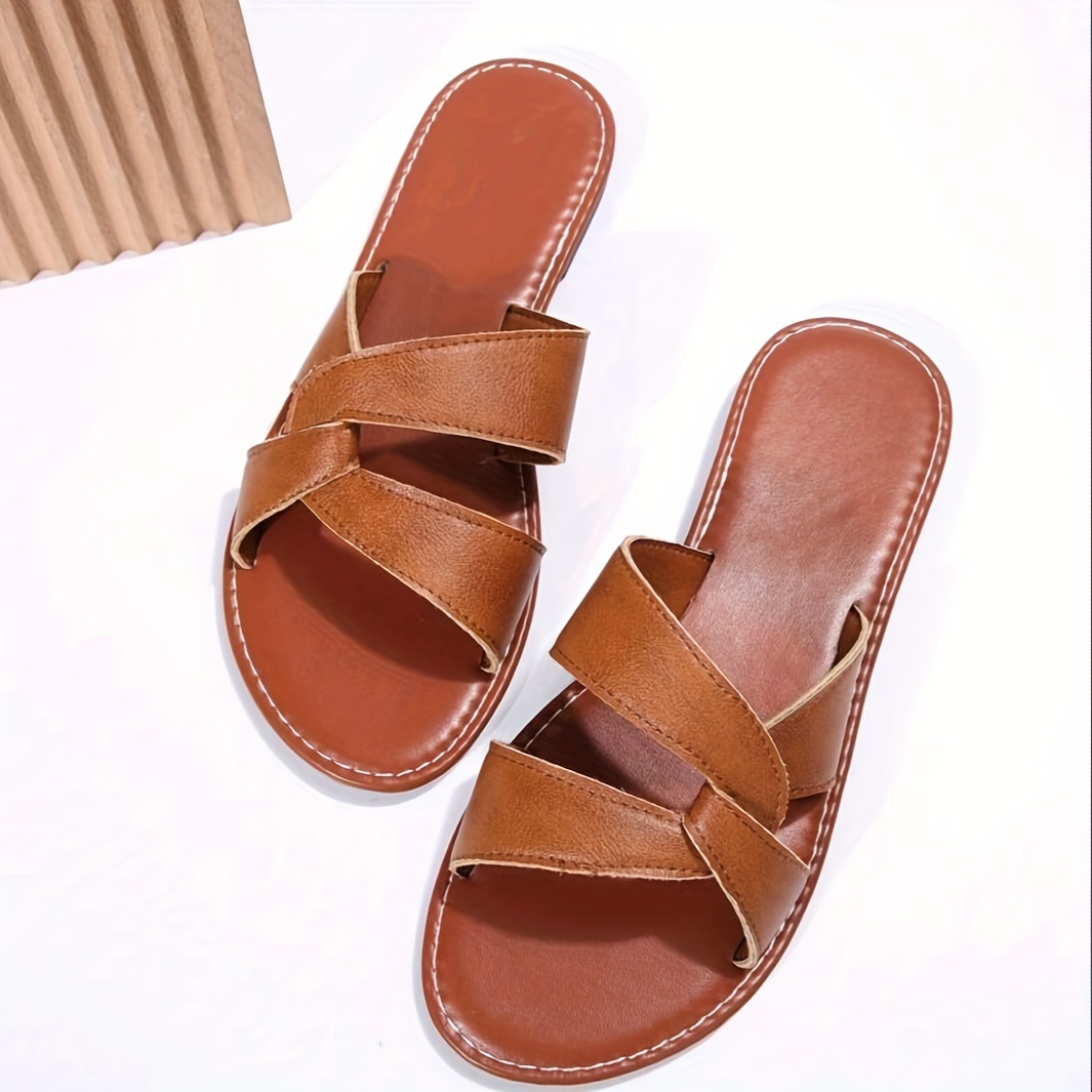 womens cross band flat slides lightweight open toe faux leather shoes casual summer beach slide sandals details 3