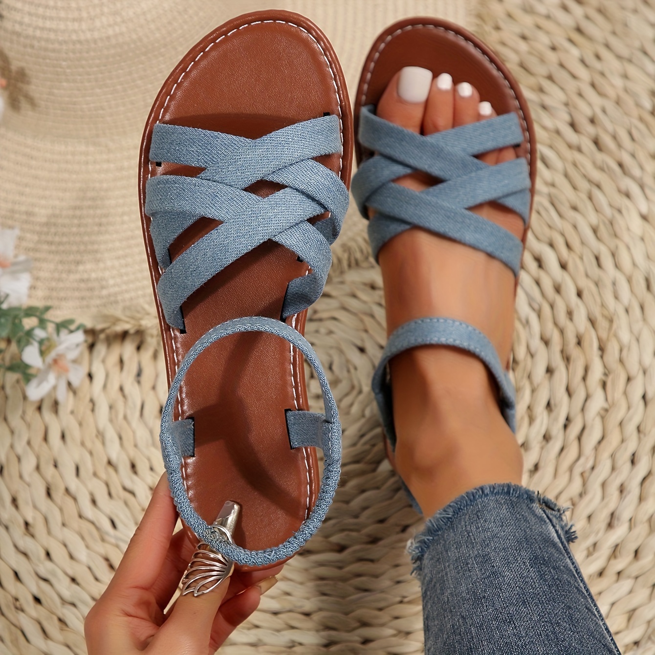 womens solid color flat sandals casual cross strap summer beach shoes lightweight elastic band shoes details 8