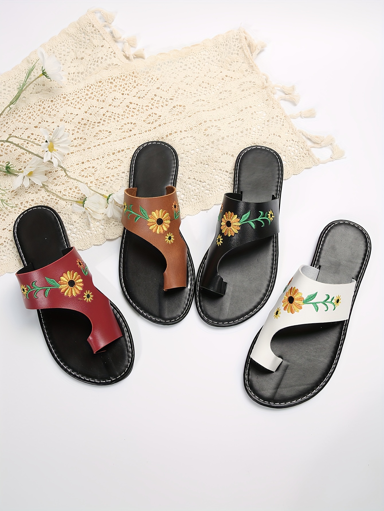 womens embroidered flat sandals casual toe loop slip on summer shoes outdoor beach slide sandals details 1