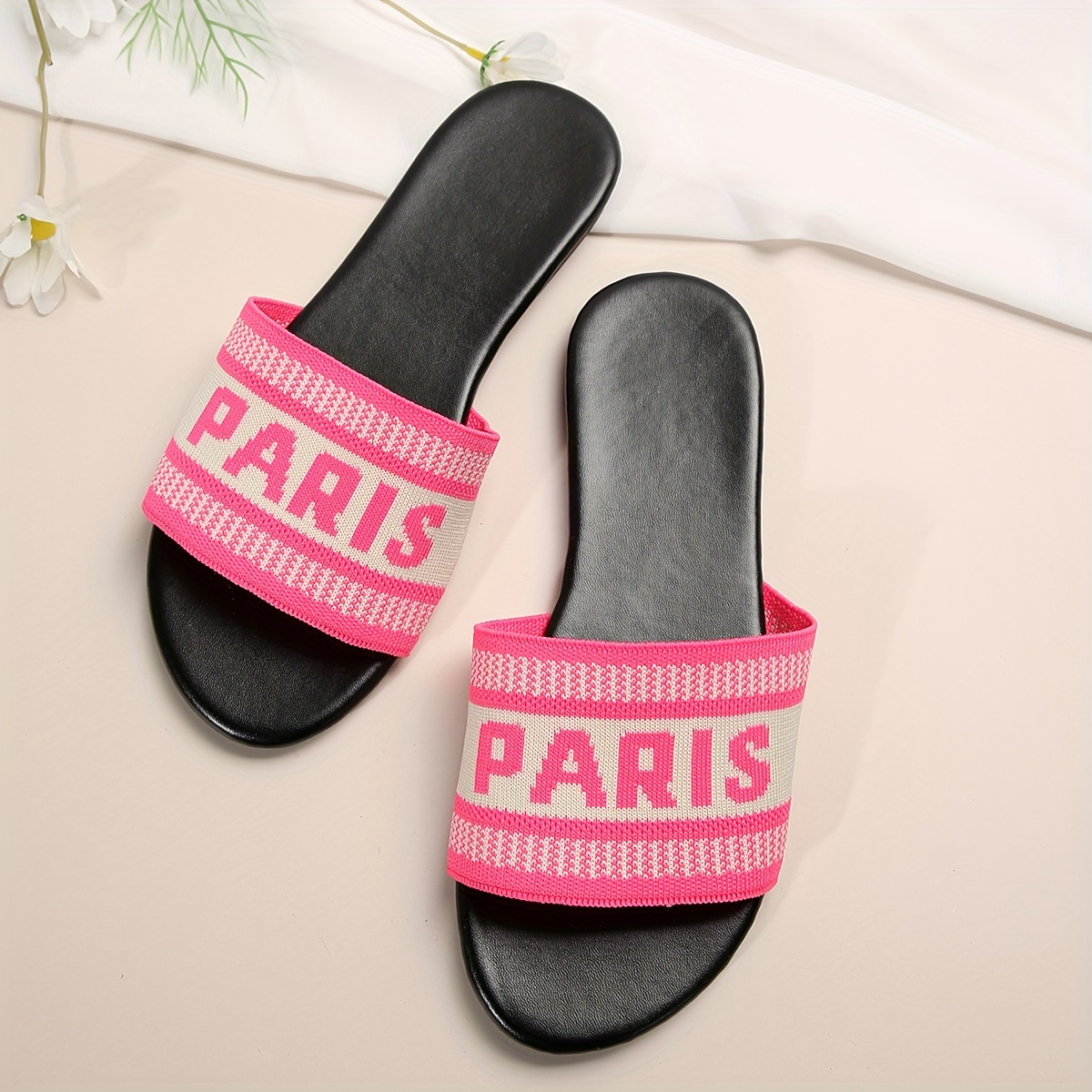 womens paris word design flat slides knitted single band open toe shoes casual lightweight outside slides details 11