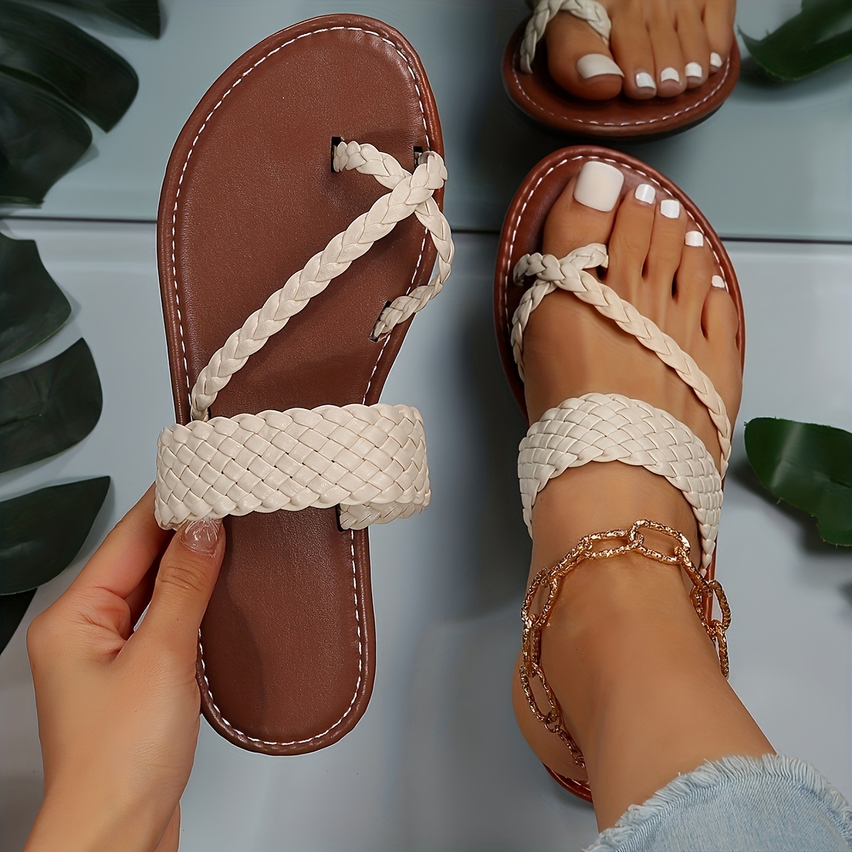 womens flat slide sandals weave detail thong sandals braided vamp beach slippers details 2