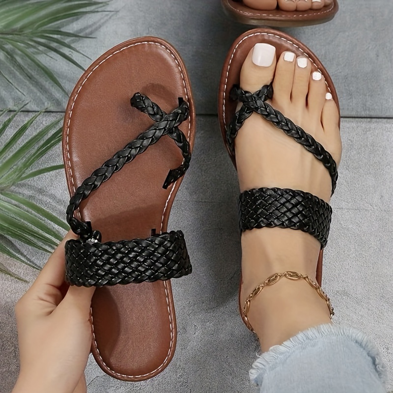 womens flat slide sandals weave detail thong sandals braided vamp beach slippers details 3