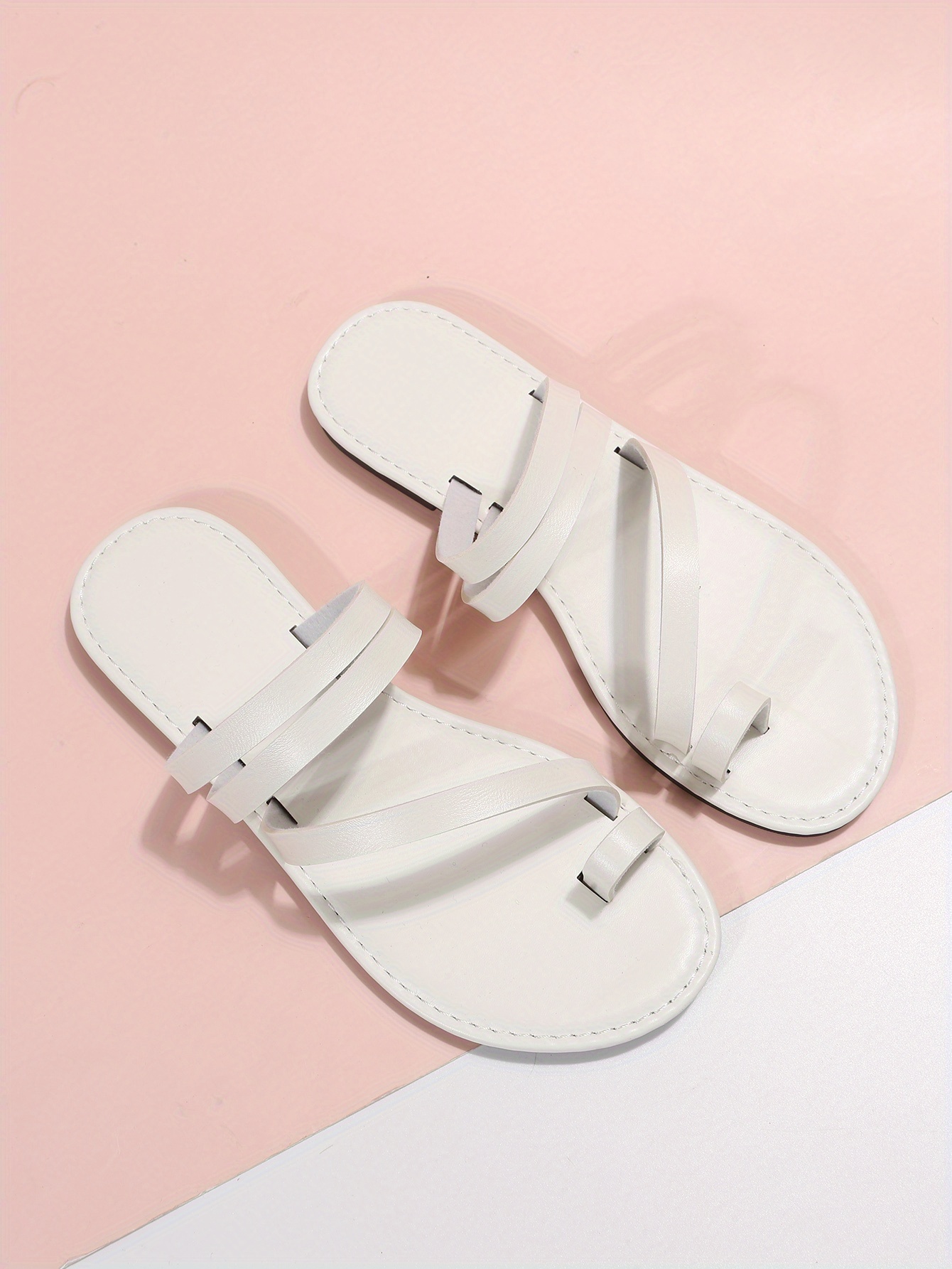 womens toe loop flat slides solid color open toe slip on beach shoes casual summer slide sandals details 10